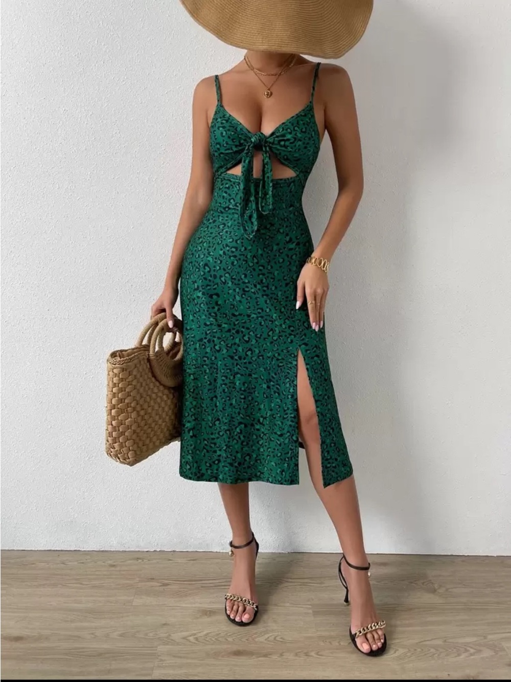 SHEIN: Green Leopard Print Tie-Front Midi Dress